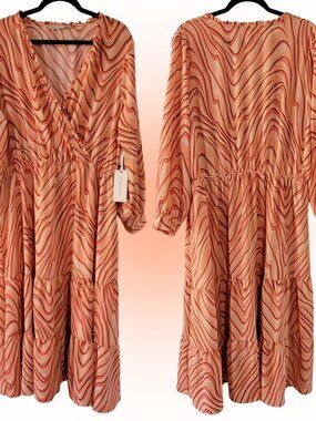 NWT CORAL SWIRL WOMEN'S RUFFLED TIERED FAUX WRAP DRESS 1X XL